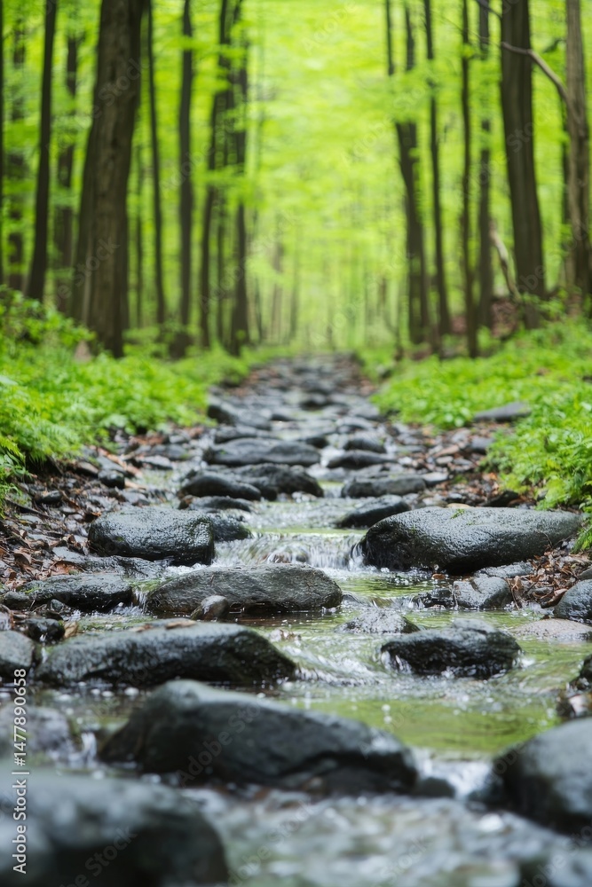Obraz premium A serene forest stream flows gently over smooth dark rocks creating small ripples surrounded by lush green trees and plants.