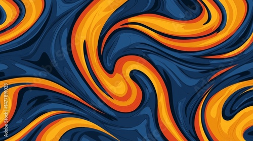 An abstract dynamic vibrant fluid background features swirling lines in blue, orange, and yellow creating a marbled pattern.