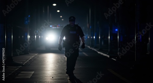 Police Officer Walking Down Dark City Street at Night