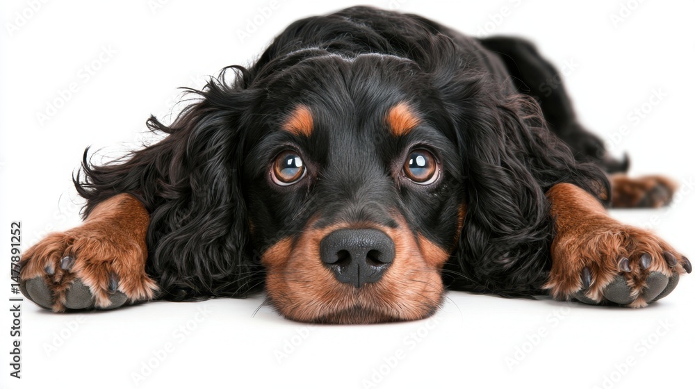Adorable Black and Brown Dog Lying on White Background Adorable Black and Brown Dog Lying on White Background