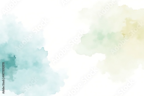 Artistic watercolor background in refreshing blue and subtle yellow green hues on a clean white surface