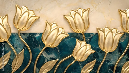 Golden tulips bloom exquisitely on a luxurious marble backdrop, creating an elegant floral arrangement
