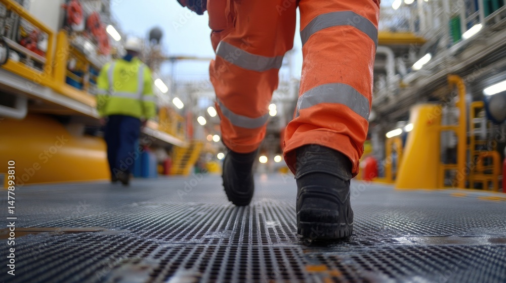 Obraz premium Industrial worker walking in safety gear on metal grating in factory