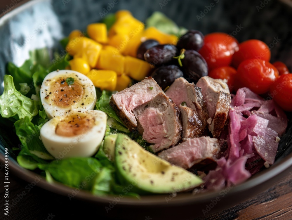 Gourmet Salad Bowl with Steak Mango Avocado Egg Tomato and Pickled Onion Overhead Close Up Studio Shot Gourmet Salad Bowl with Steak Mango Avocado Egg Tomato and Pickled Onion Overhead Close Up Studio Shot