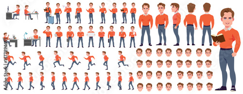 Man Character design. Front, side, back view and explainer animation poses. Character set with lip sync and facial expressions of Happy, angry, sad, Joy with Side walk cycle animation sequence sprite 