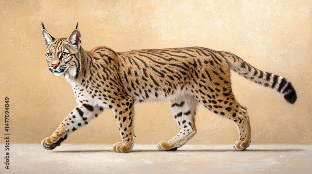 Obraz premium Realistic Illustration of a Walking Serval Cat on a Beige Background