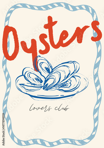 Whimsical and trendy wall art poster featuring hand-drawn oysters on a plate. The playful design the essence of a seafood lover's club, perfect for kitchen decor, cards, and food party invitations.