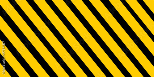 Caution background with slanted black and yellow stripes. Danger, stop or safety print. Hazard, forbidden or warning banner. Warning, restricted or emergency sign. Vector flat illustration.