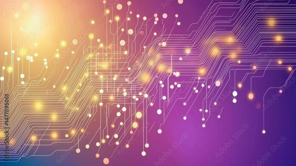Obraz premium Abstract technological background shows glowing points connected by intricate circuit lines on a vibrant orange and purple gradient.