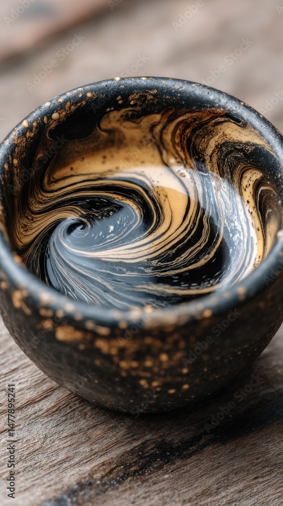 Artistic Swirl of Espresso Cream in Rustic Ceramic Cup on Wooden Table
Artistic Swirl of Espresso Cream in Rustic Ceramic Cup on Wooden Table