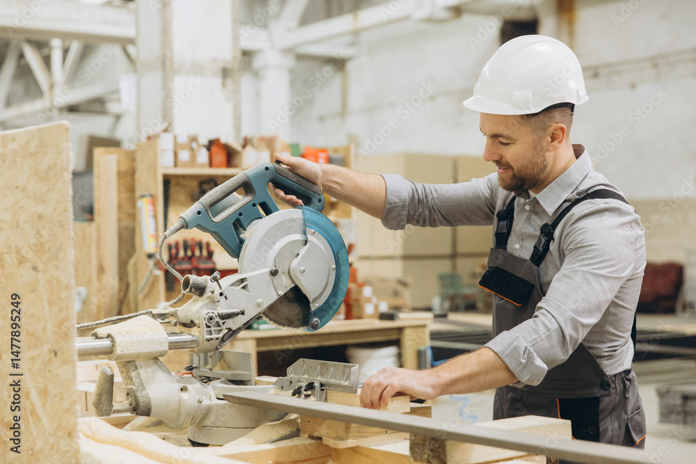 Carpenter cutting wooden plank using circular saw in workshop Carpenter cutting wooden plank using circular saw in workshop