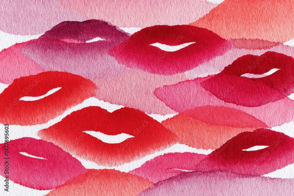 Fototapeta premium Abstract watercolor painting featuring a pattern of red and pink lips, creating a vibrant, feminine, and playful backdrop with a soft, textured effect for beauty designs.