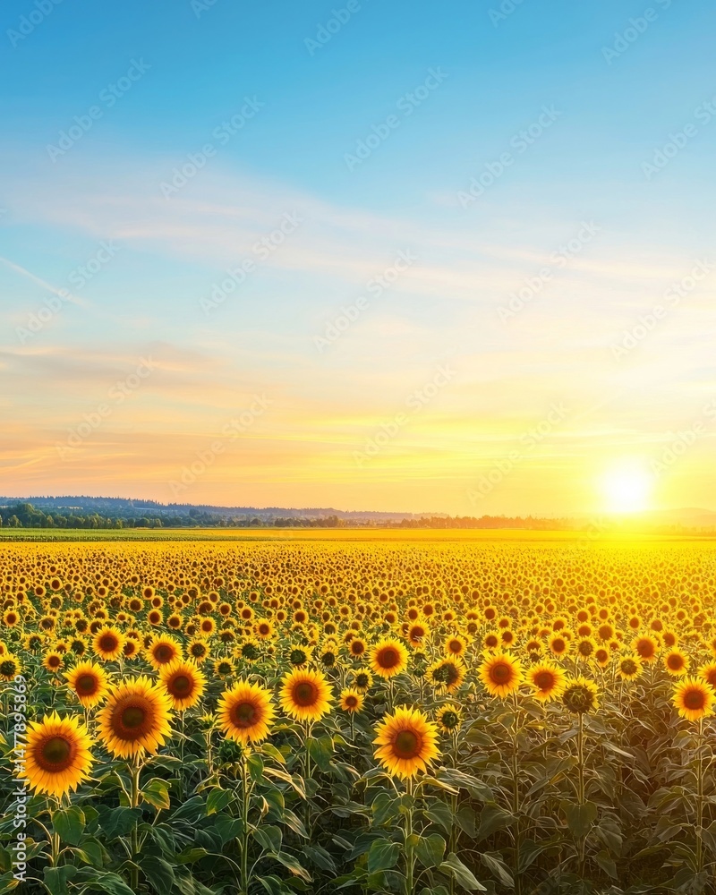 Fototapeta premium A vast field of vibrant yellow sunflowers bathes in the warm golden light of a beautiful summer sunset under a clear blue sky today.