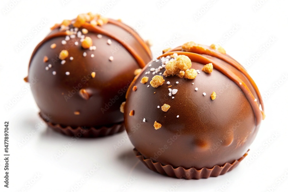 Obraz premium Exquisite gourmet dark chocolate truffles sprinkled with crushed nuts and delicate sugar crystals