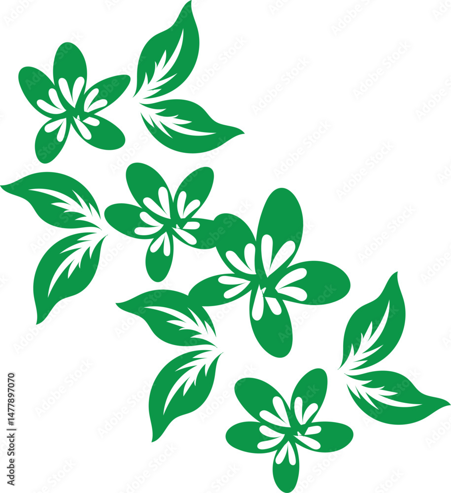 Fototapeta premium Green Floral Design Element with Simple Flowers and Leaves for Decoration
