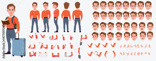 Man Character design. Front, side, back view and explainer animation poses. Character set with lip sync and facial expressions of Happy, angry, sad, Joy with Side walk cycle animation sequence sprite 