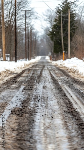 A muddy dirt road covered in melting snow and tire tracks stretches into the distance under a cloudy winter sky with falling flakes.