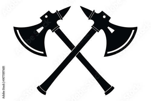 Crossed Black Battleaxes Medieval Weaponry Silhouette Design Element, Two Axes Icon