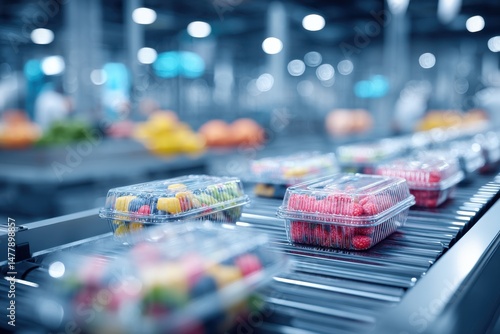 Fototapeta Naklejka Na Ścianę i Meble -  Close-up shot of containers filled with fresh, colorful mixed fruits on a conveyor belt in a modern food processing facility with bright and clean environment for packing.