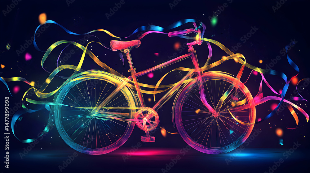 Fototapeta premium A colorful bicycle illustration with glowing lines against a dark background.