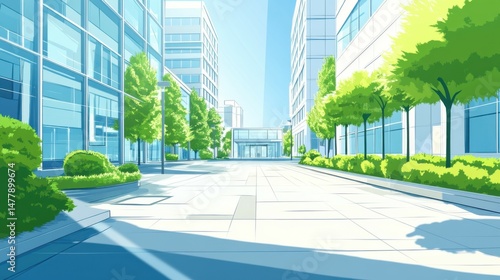 Hand drawn office building with greenery around it and a modern entrance
