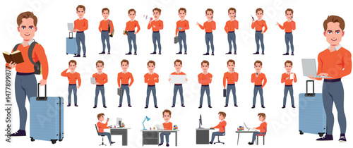 Man Character design. Front, side, back view and explainer animation poses. Character set with lip sync and facial expressions of Happy, angry, sad, Joy with Side walk cycle animation sequence sprite 