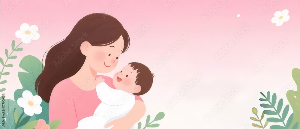 Illustration of Mother Holding Baby with Floral Accents in Soft Pink Background a Symbol of Maternal Love and Nurturing Illustration of Mother Holding Baby with Floral Accents in Soft Pink Background a Symbol of Maternal Love and Nurturing
