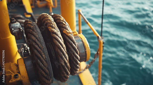 Rope Coiled on a Winch Aboard a Ship