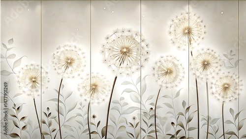 Illuminated dandelions and stylized leaves create a serene, glowing botanical wallpaper design for any room