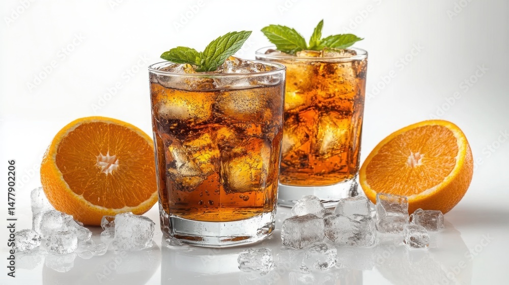 Refreshing Iced Tea with Orange Slices and Mint Two Glasses Close Up