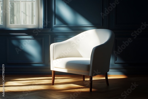 Elegant white armchair with wooden legs bathed in sunlight in a sophisticated living room