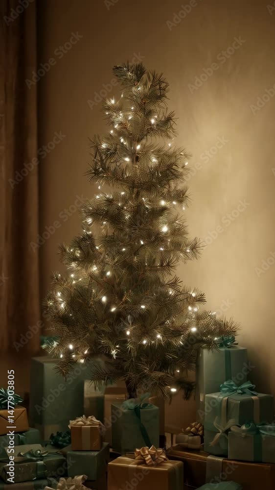 Decorated Christmas tree adorned with lights and presents wrapped in turquoise and gold paper, tied with ribbons in a home setting