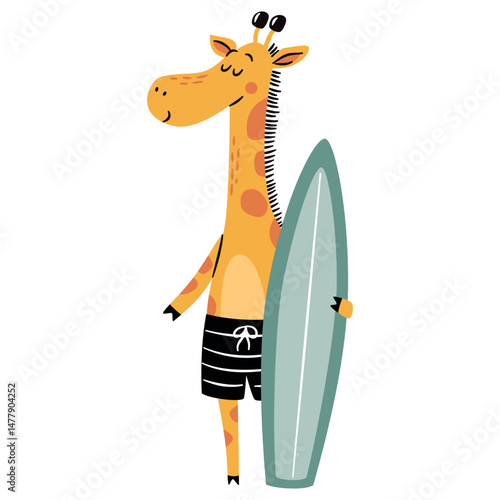 Flat vector illustration in a simple children's style. Cute giraffe in swimming trunks standing and holding surfboard on white background . Vector illustration