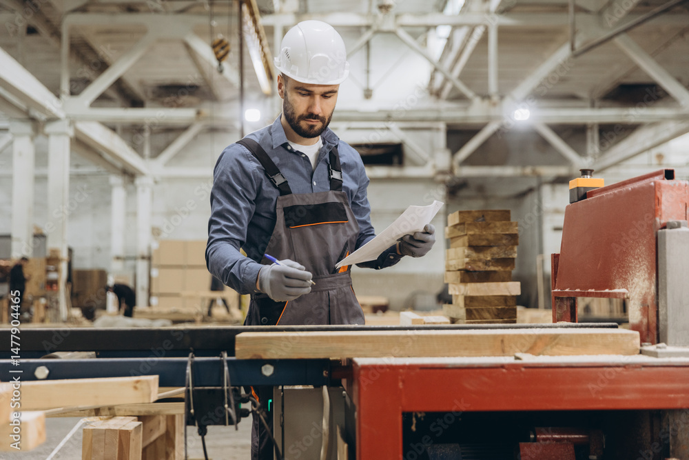 Carpenter checking wooden plank in workshop of modular building industry Carpenter checking wooden plank in workshop of modular building industry