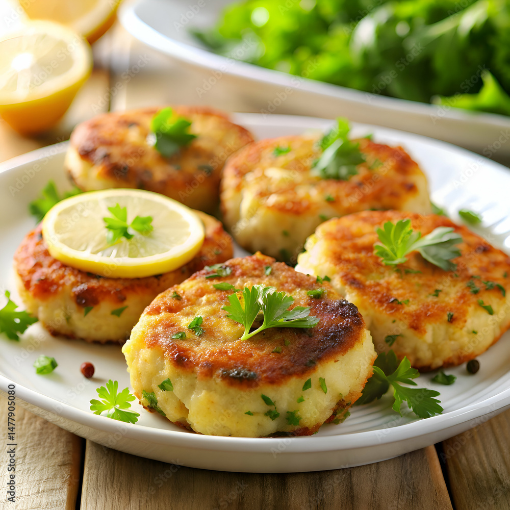 Delicious fish cakes garnished with fresh parsley. Delicious fish cakes garnished with fresh parsley.