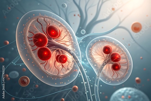 Transparent kidney structures showcasing red corpuscles connected with veins are viewed under bright light
