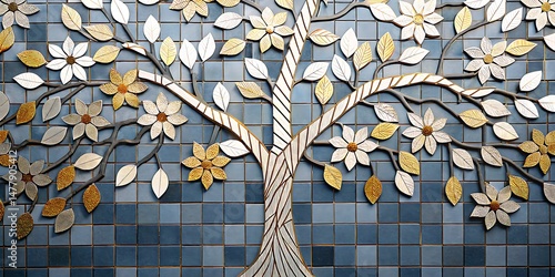 Mosaic wall art features a stylized tree with gold and silver flowers and leaves