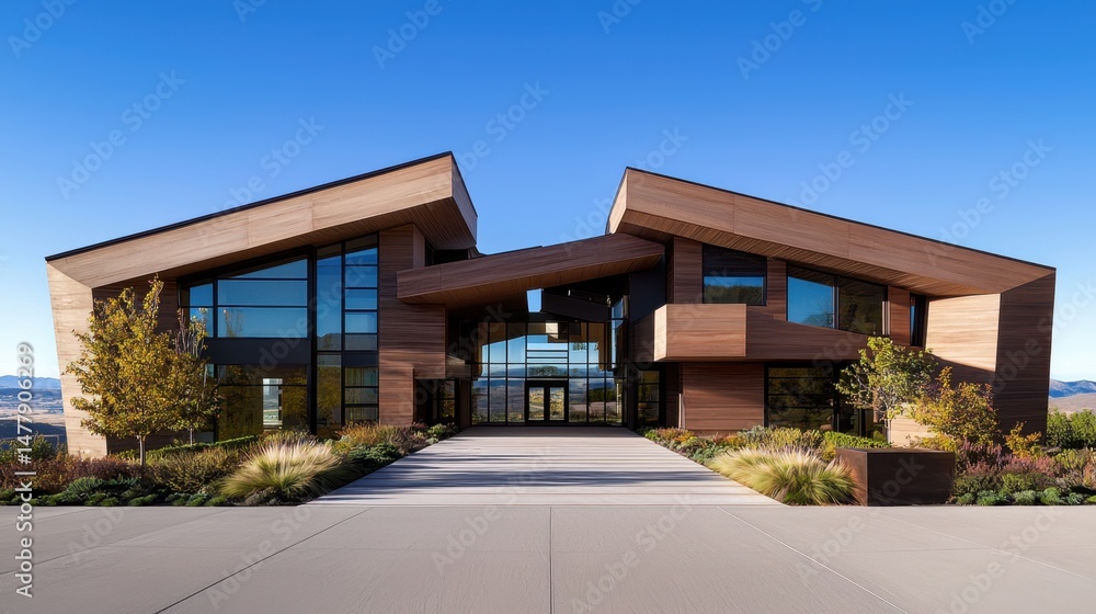 Fototapeta premium Modern Architectural Design of Wooden Facade with Glass Elements