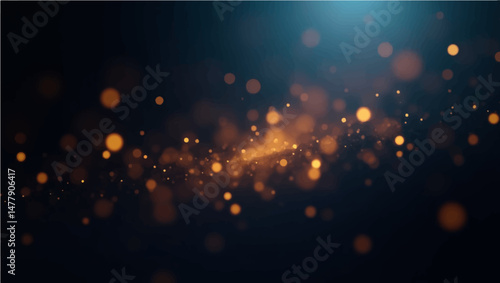 RGB black gold glow particles with soft bokeh effect on dark abstract background.