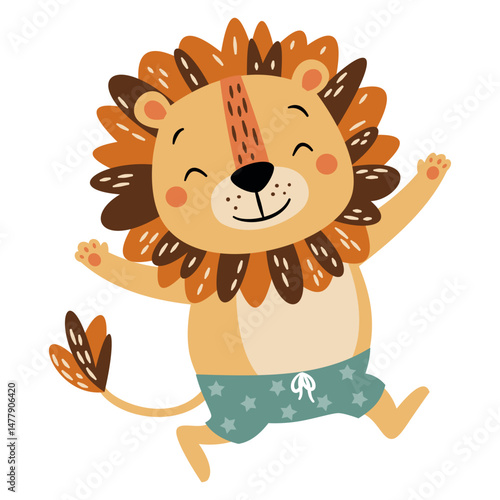 Flat vector illustration in a simple children's style. Cute lion in swimming trunks jumping on white background . Vector illustration