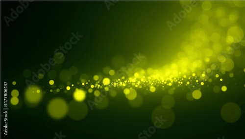 RGB electric yellow-green lemon glow particles with soft bokeh effect on dark abstract background.