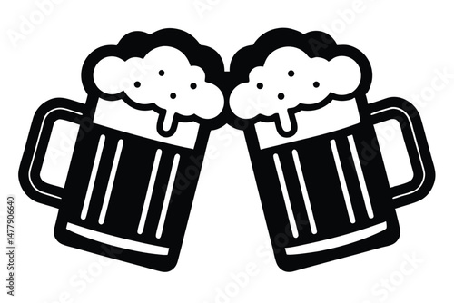 Two Clinking Black Beer Mugs Filled with Frothy Drink Illustration Design