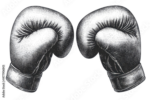Boxing gloves woodcut style pair on black background vintage sportswear monochrome ink design boxing illustration fitness sport