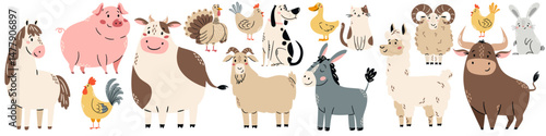A set of flat vector illustrations in a simple children's style. Cute horse pig cow cow bull dog dog cat turkey hen chicken rooster sheep goat goose duck donkey rabbit on white background. Vector