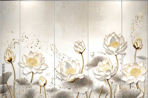 Opulent white lotus flowers with shimmering gold accents add grace on a light background