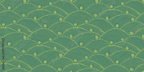 Pattern vineyard field farm texture. Wine background agriculture vector. Abstract aerial view of vineyard, organic green field waves. Woodcut illustration for eco packaging and modern merch.
