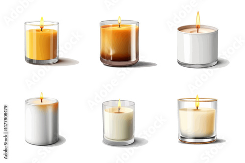 Realistic 3D vector set of burning candles in glass jars. Various shapes, colors, and flame styles for decoration and relaxation.