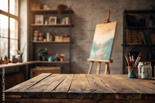 Vintage wooden desk foregrounds artist's studio with shelves and an easel in diffused light