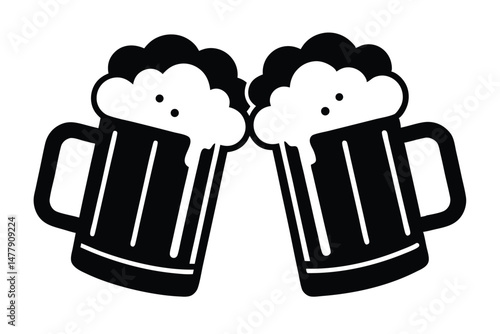 Black and White Illustration of Two Beer Mugs Toasting Each Other Celebrating