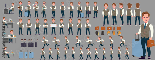 Man Character design. Front, side, back view and explainer animation poses. Character set with lip sync and facial expressions of Happy, angry, sad, Joy with Side walk cycle animation sequence sprite 
